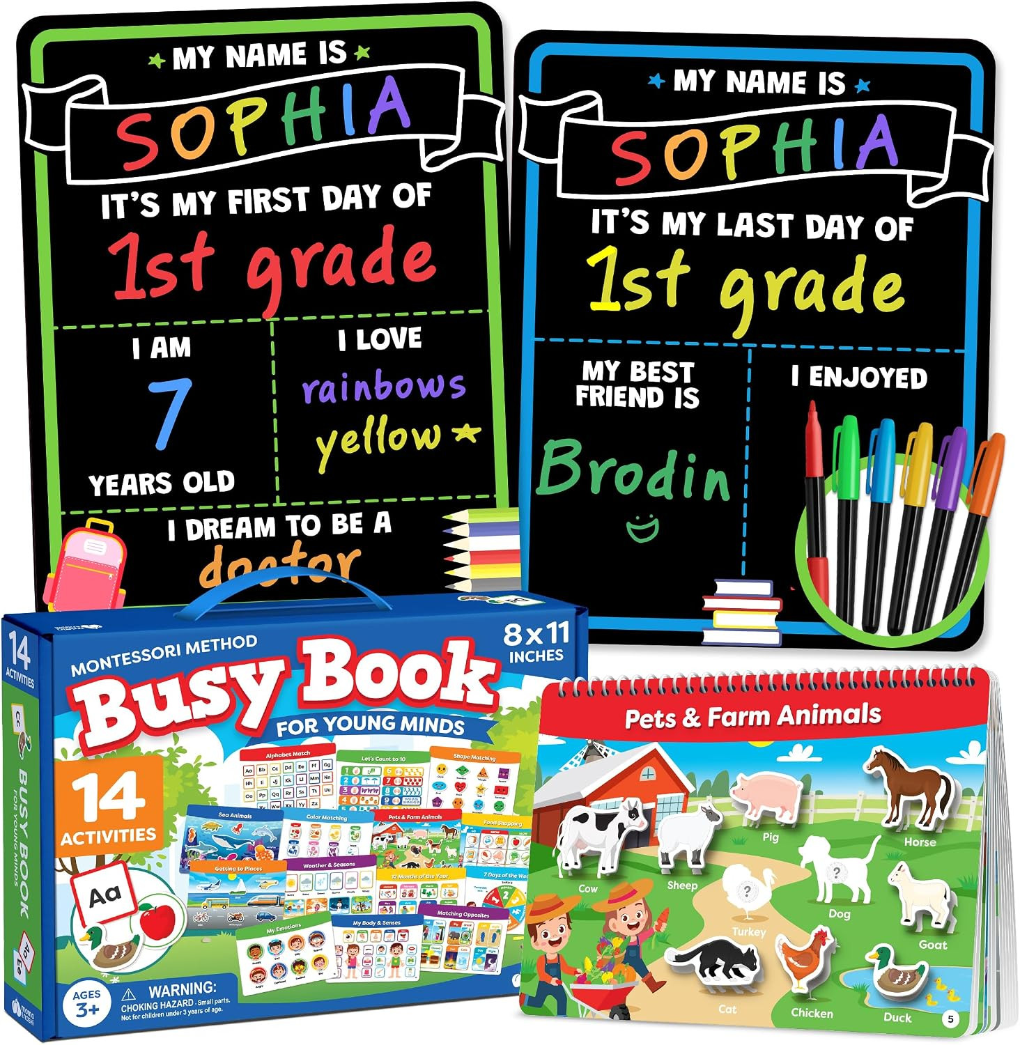 First Day of School Sign for Kids and Montessori Busy Book Combo Gift Set