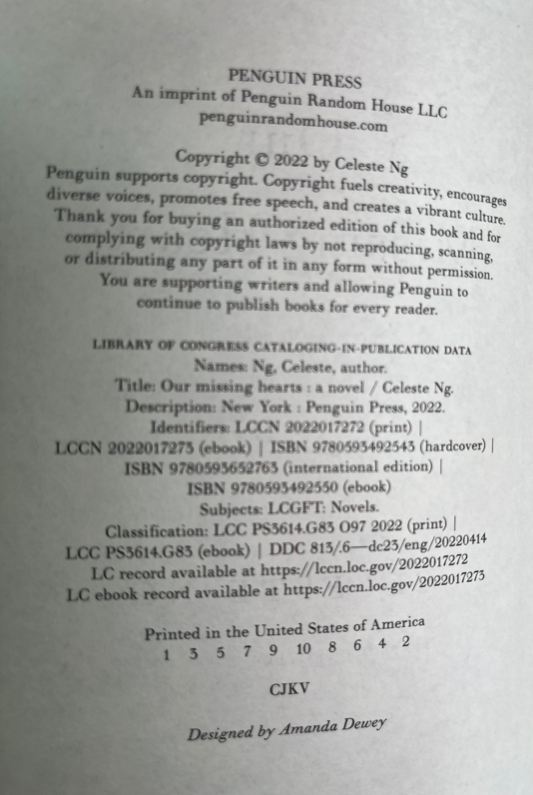 SIGNED~Our Missing Hearts by Celeste Ng, 1st Edition, 1st Printing, HC DJ