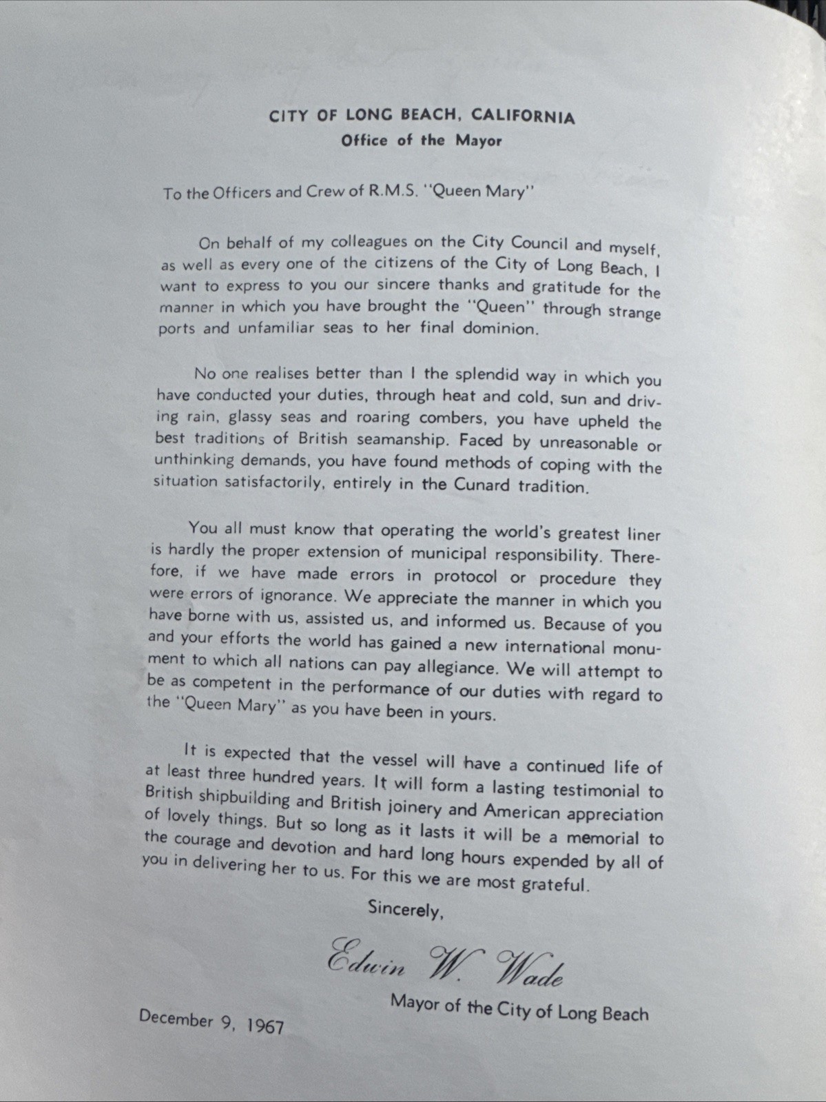 The Queen Mary Past, Present & Future 1967 Leo J. Greene City Mgr. Of Long Beach