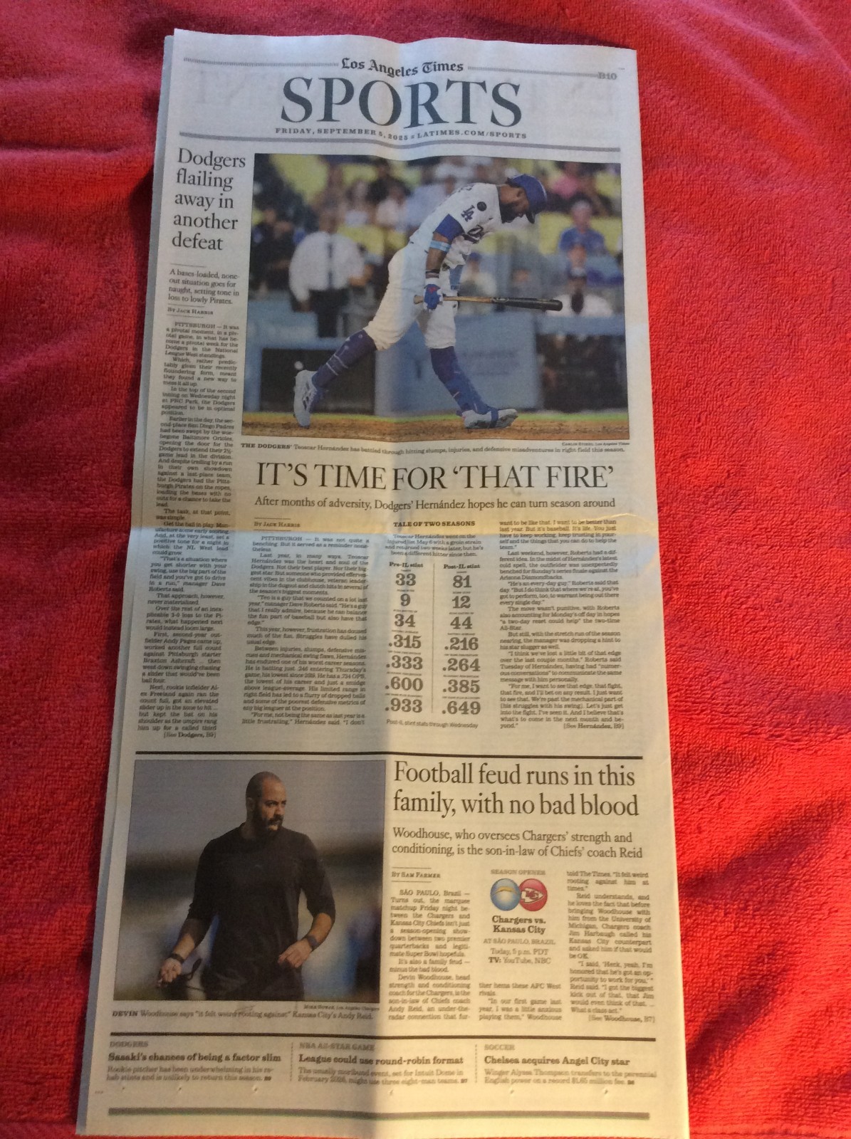 LA TIMES SPORTS SECTION SEPTEMBER 5 2025 DODGERS TEOSCAR HERNANDEZ