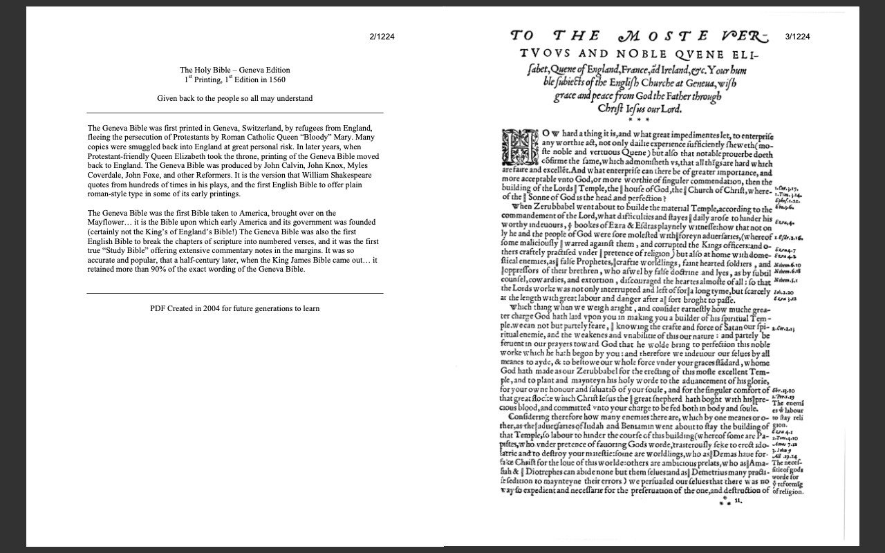 Geneva Bible 1560 Edition with Apocrypha (Scanned Original) PDF E-Book on CD-ROM