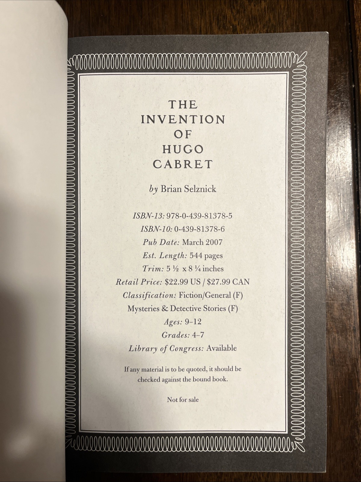 The Invention of Hugo Cabret Brian Selznick Advance Readers Copy Paperback