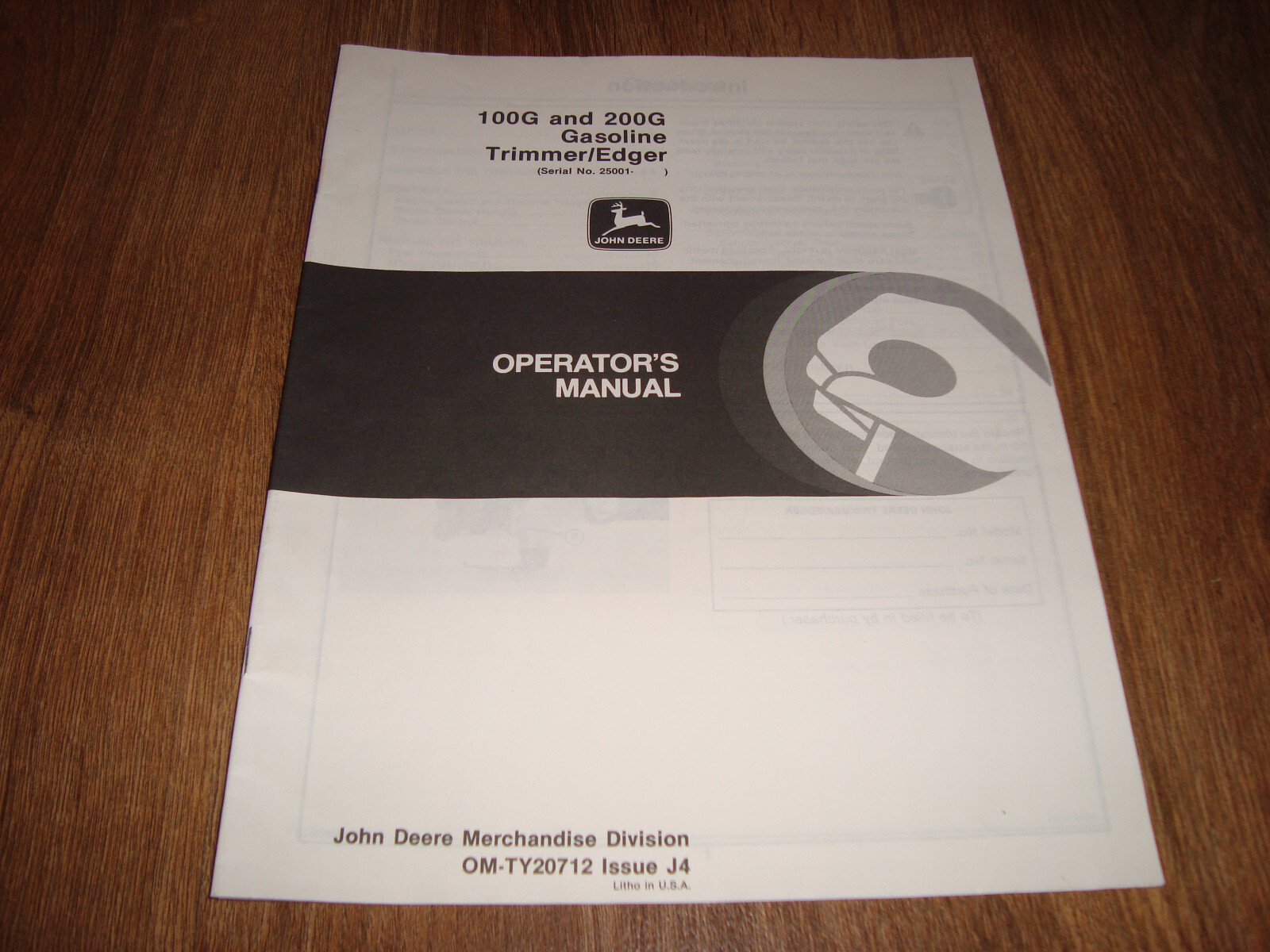 John Deere Operators Manual 100G 200G Gasoline Trimmer Edger OM-TY20712 Issue J4