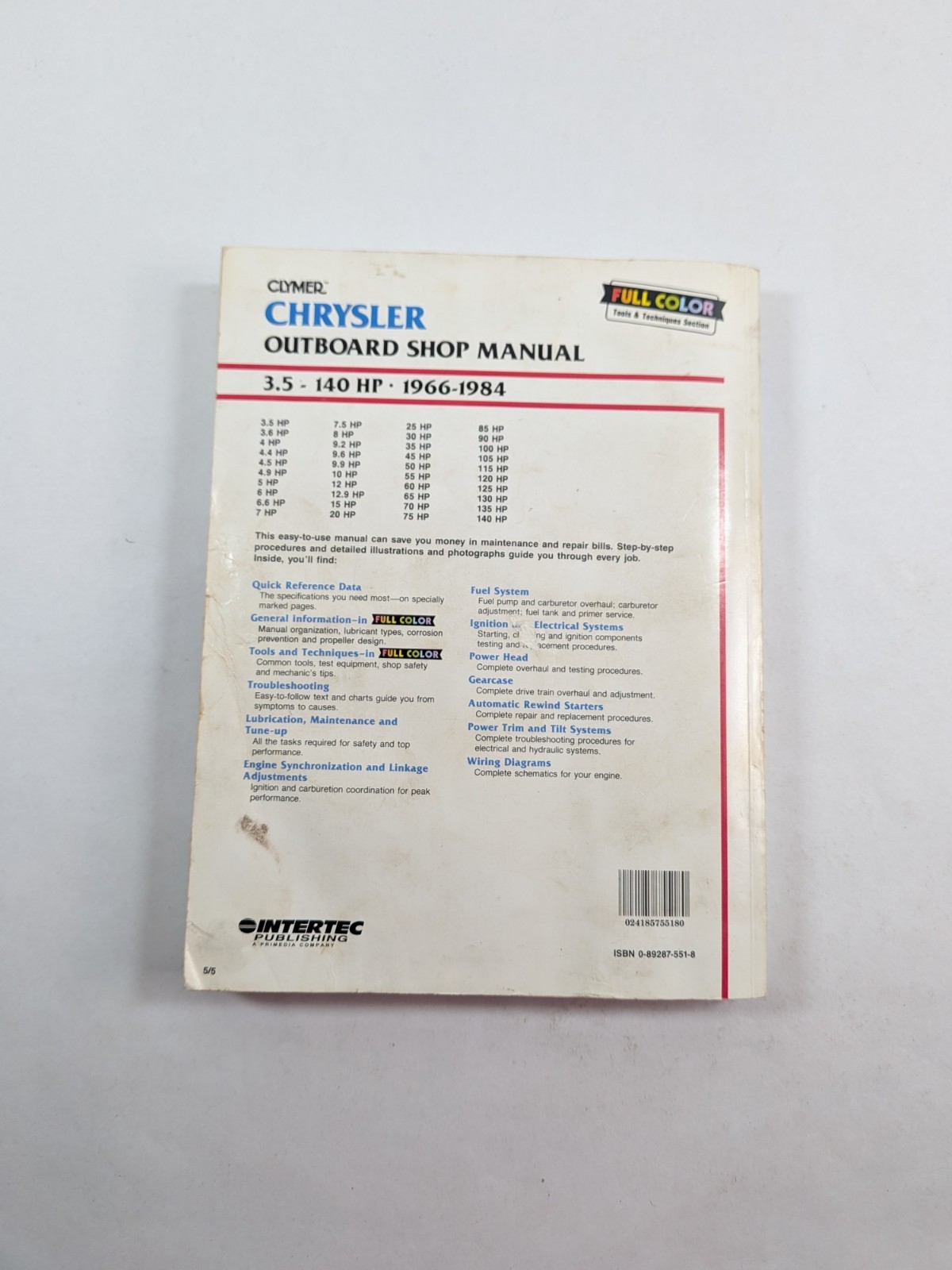 Clymer Chrysler Outboard Shop Manual 3.5-140 HP 1966-1984 PB 1991 Intertec