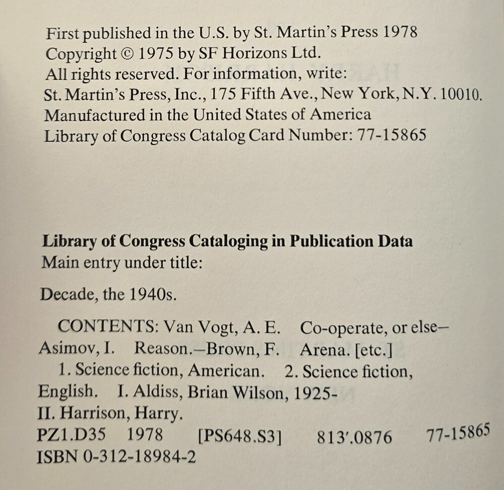 Decade 1940s, edited by Brian W. Aldiss & Harry Harrison – HC w/DJ 1978