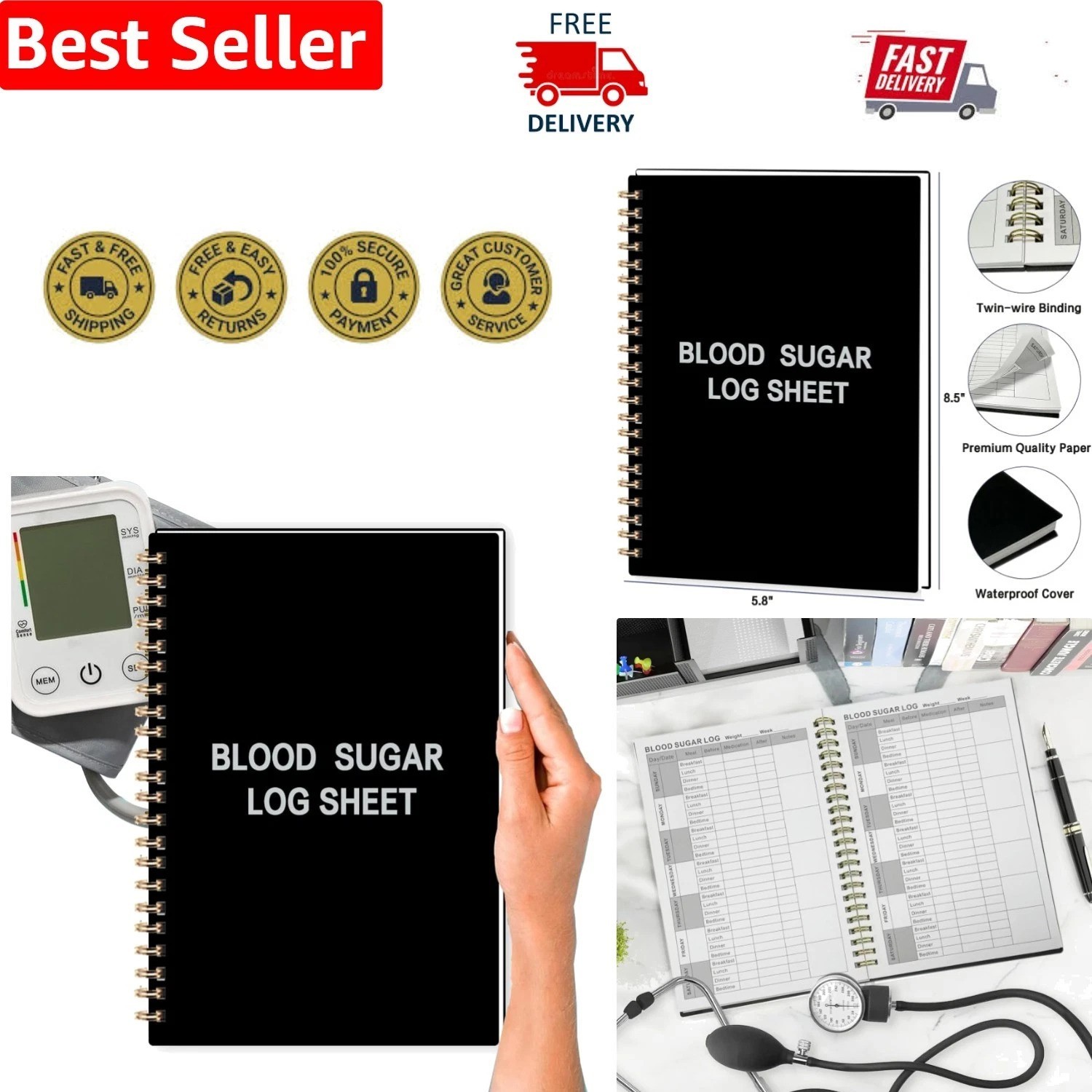 High-Quality Blood Pressure Log Book – 118 Pages Portable Tracker, Black Cover