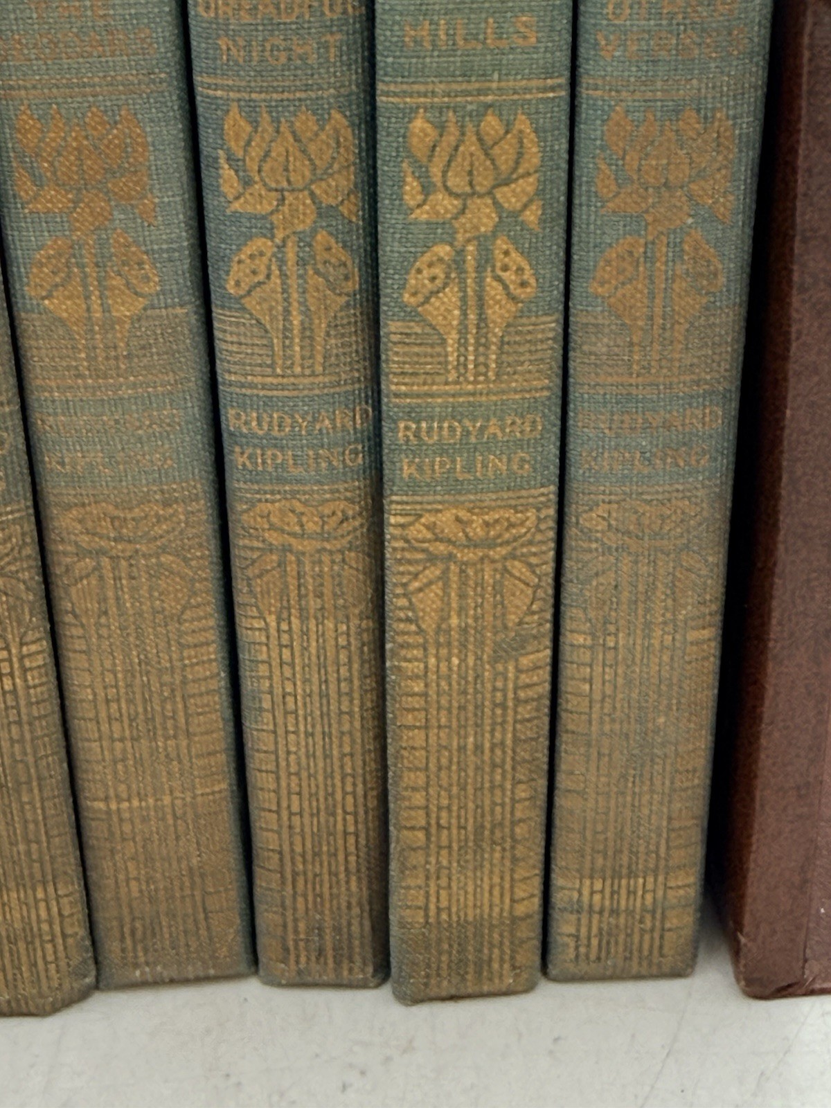 Antique Rudyard Kipling 10 Volume Set 1900 Lotus Flower Art Nouveau Cloth Cover