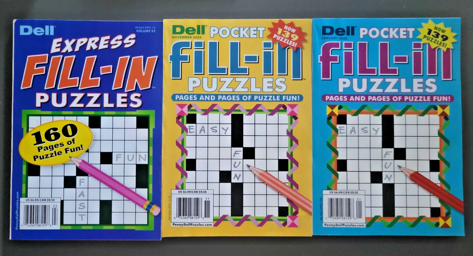 Lot of 3 Fill-In Puzzle Books by Dell- Express & 2 Pocket -400+ Total Challenges