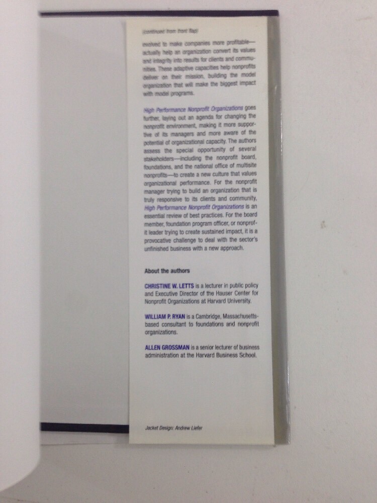 High Performance Nonprofit Organizations – Allen Grossman (1998, Dust Jacket)