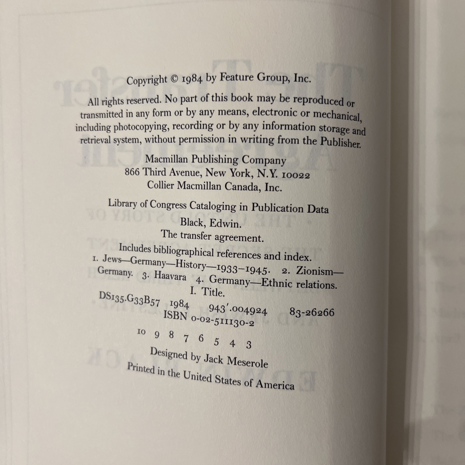 The Transfer Agreement Edwin Black 1984 First Edition Jewish History SIGNED