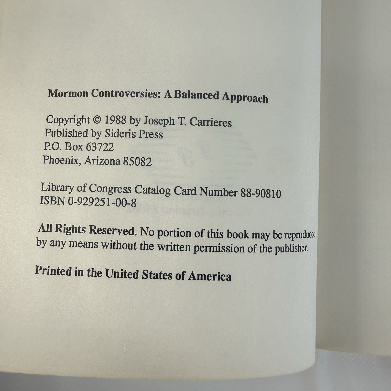 Mormom Controversies: A Balanced Approach Joseph T. Carrieres LDS PB Book