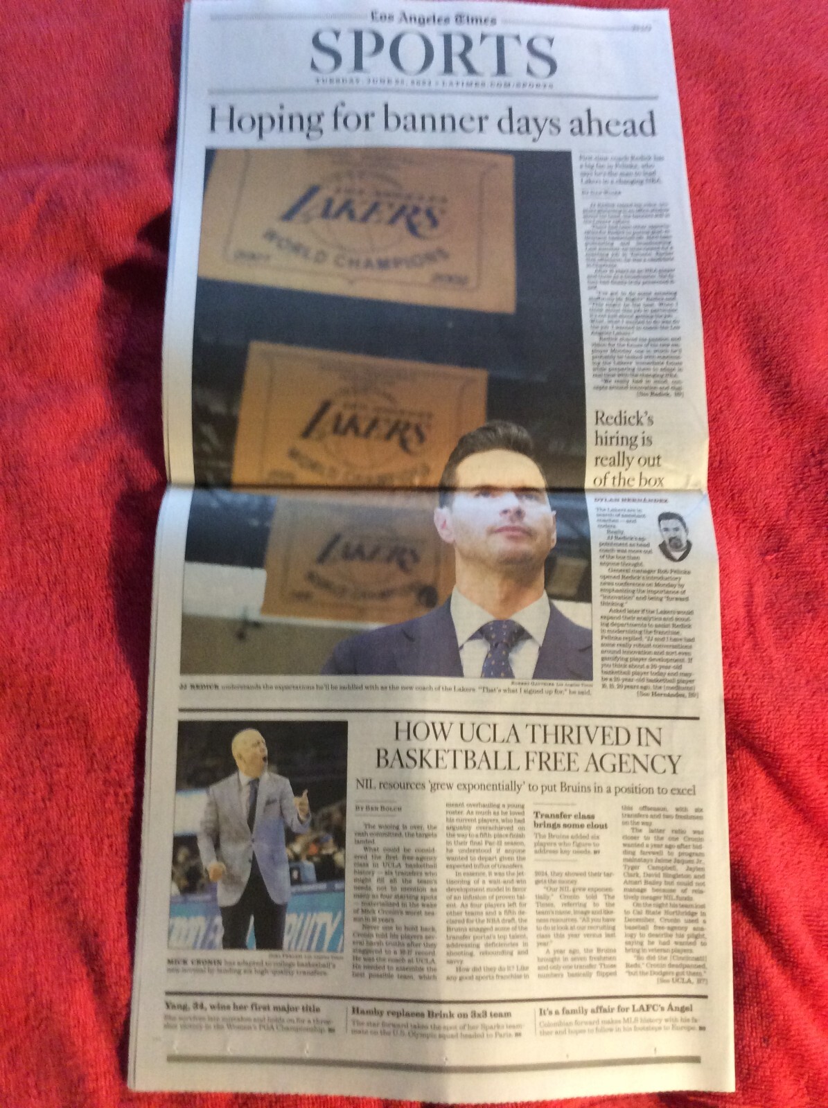 LA TIMES SPORTS SECTION JUNE 25 2024 LAKERS JJ REDICK FIRST-TIME COACH