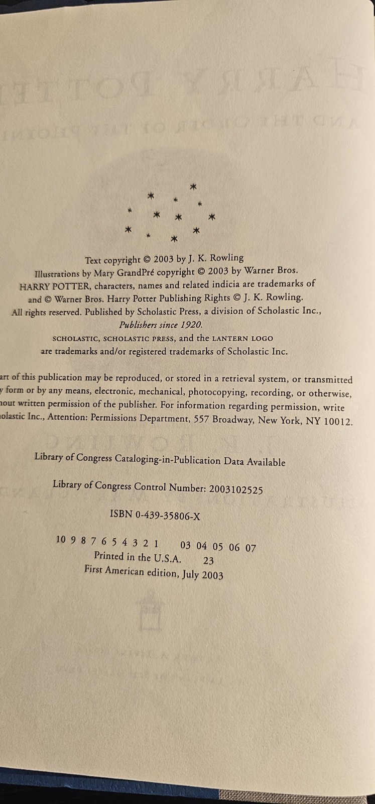 Harry Potter And The Order Of The Phoenix True 1st American Edition with errors
