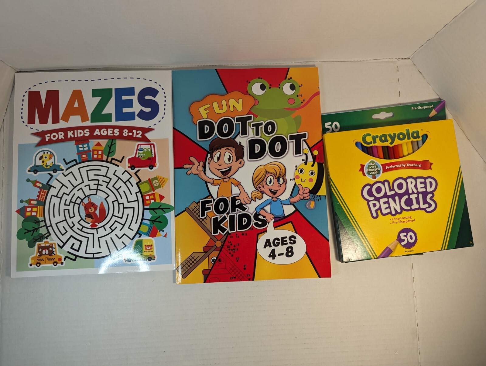 Maze Book 4-8 Years Old & Connect The Dots & Crayola Color Pencils 50ct Bundle