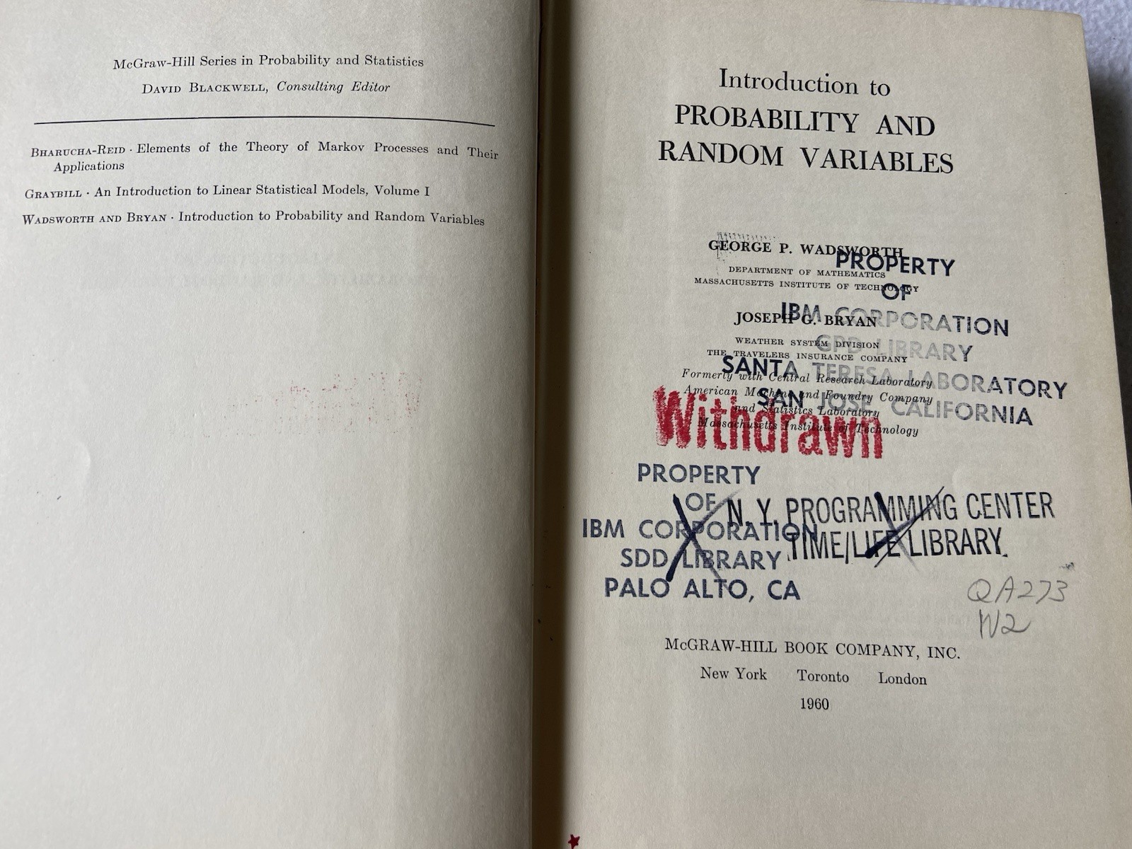 1960 Introduction To Probability And Random Variables by George P. Wadsworth HC