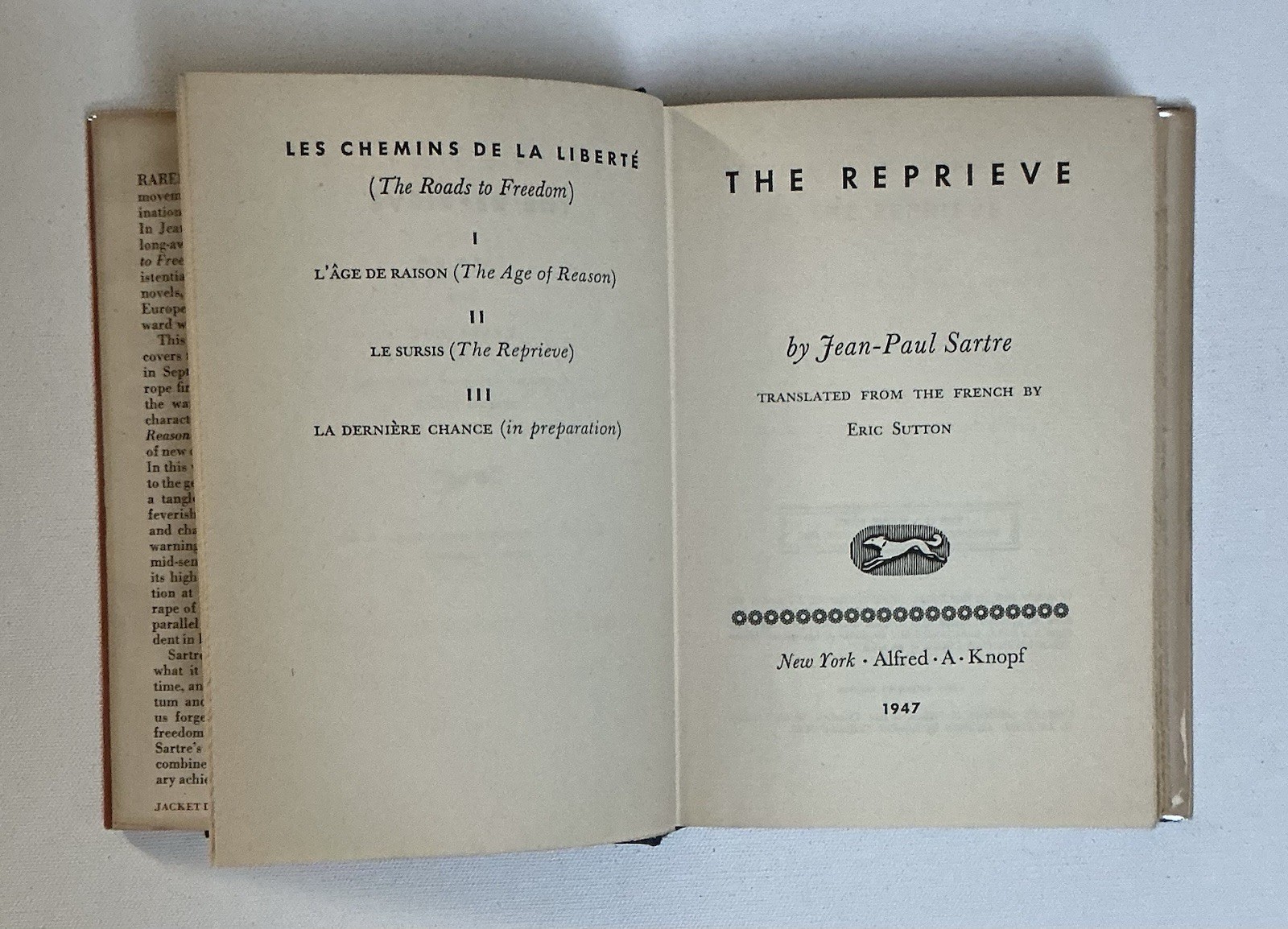 THE REPRIEVE by JEAN-PAUL SARTRE HC DJ EXISTENTIALISM NOVEL 1st HC DJ BOOK 1947