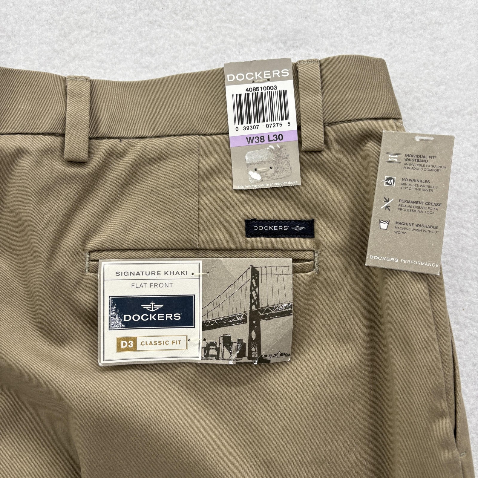 Dockers Signature Khaki Chino Pants Mens 38×30 Tan D3 Classic Fit Flat Front NWT