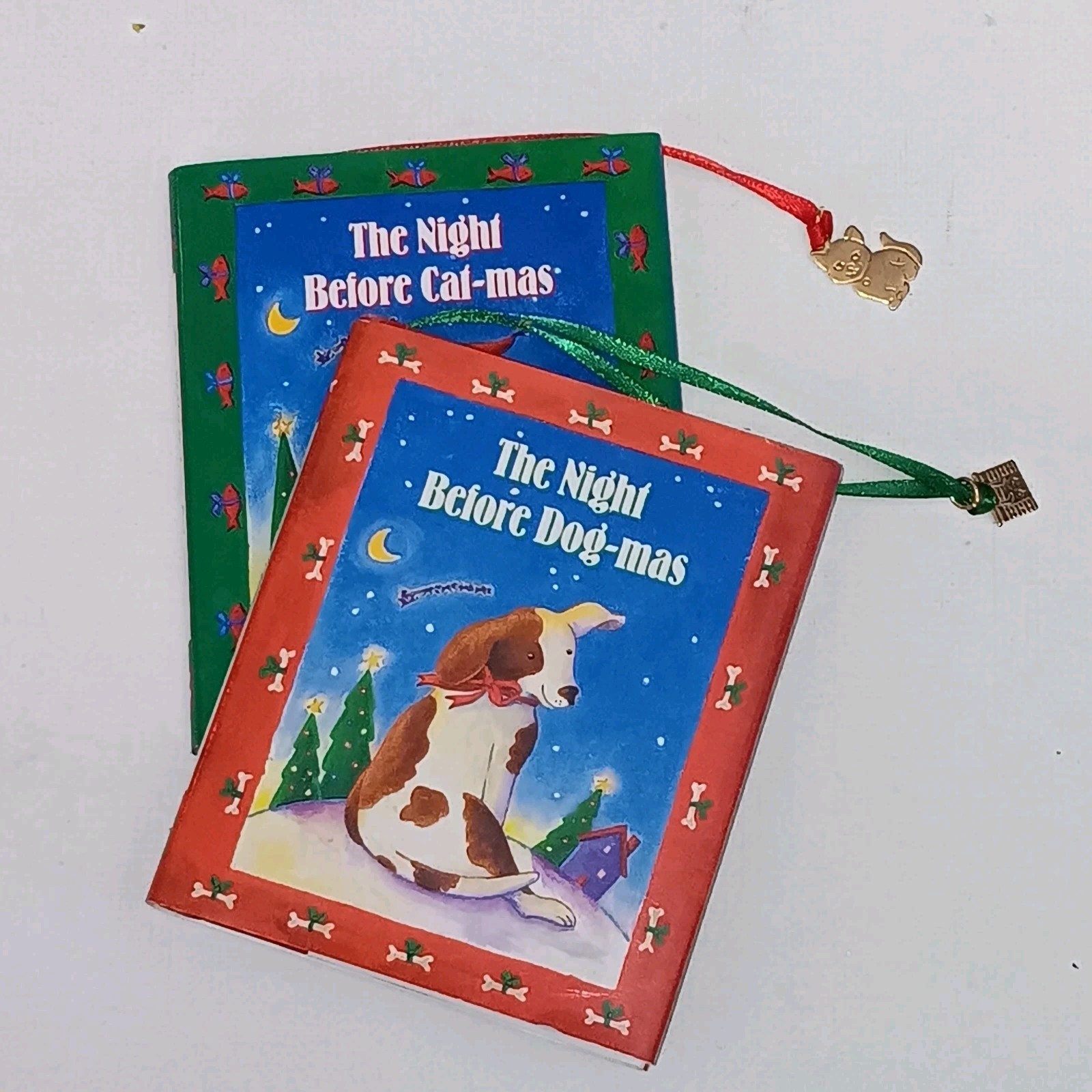 2 Mini NIGHT BEFORE CAT/DOG -MAS Books Gold Plated Bookmark Charms Pauper Press