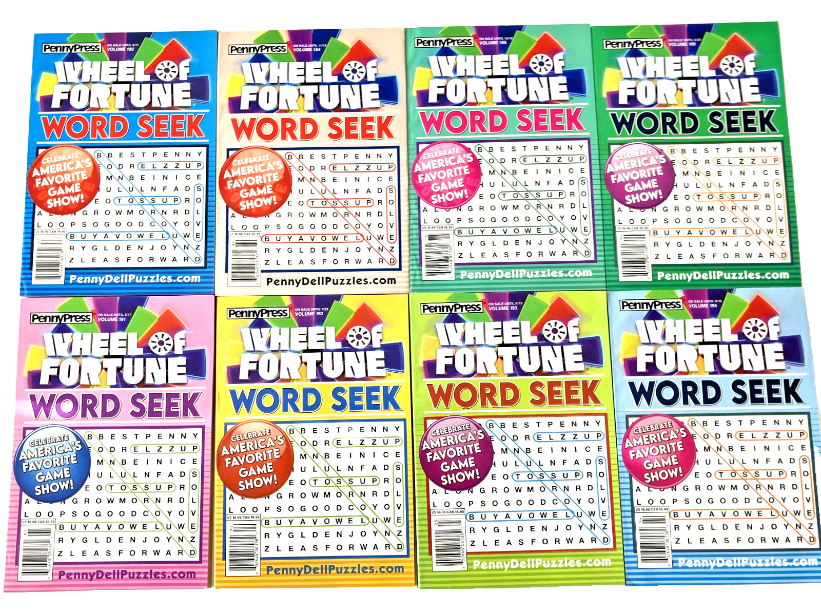 NEW Lot 8 Penny Press Dell WHEEL FORTUNE Word Search Seek Find Puzzle Books