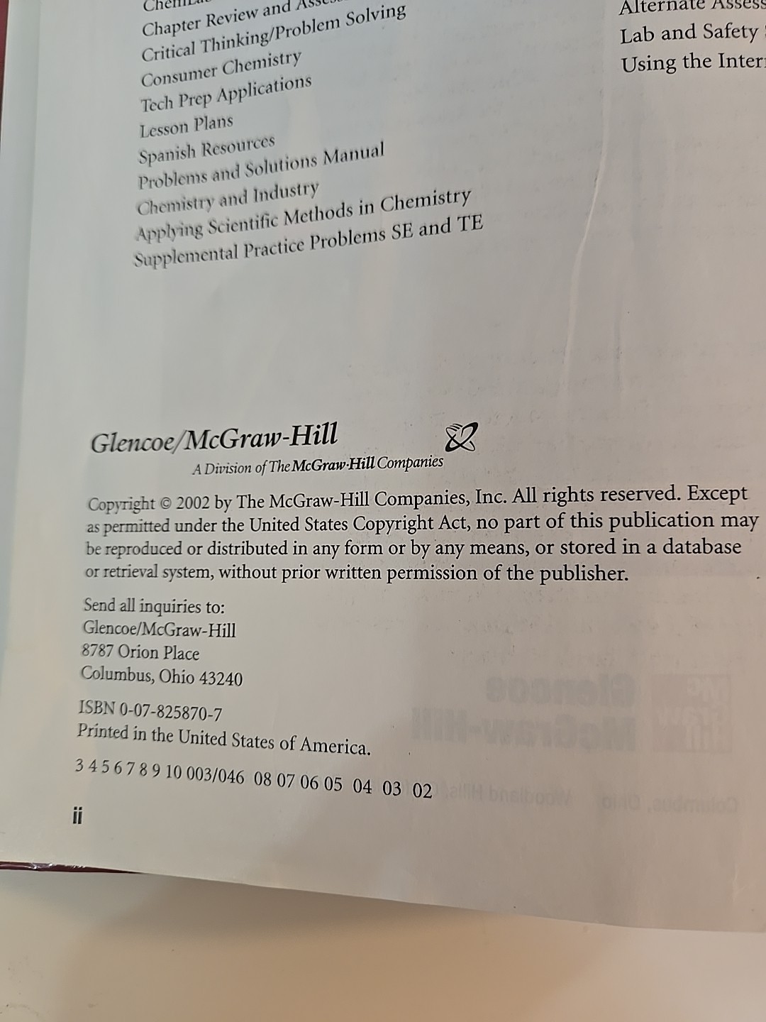 “Chemistry : Concepts and Applications” by Glencoe McGraw-Hill Staff 2002 ed.