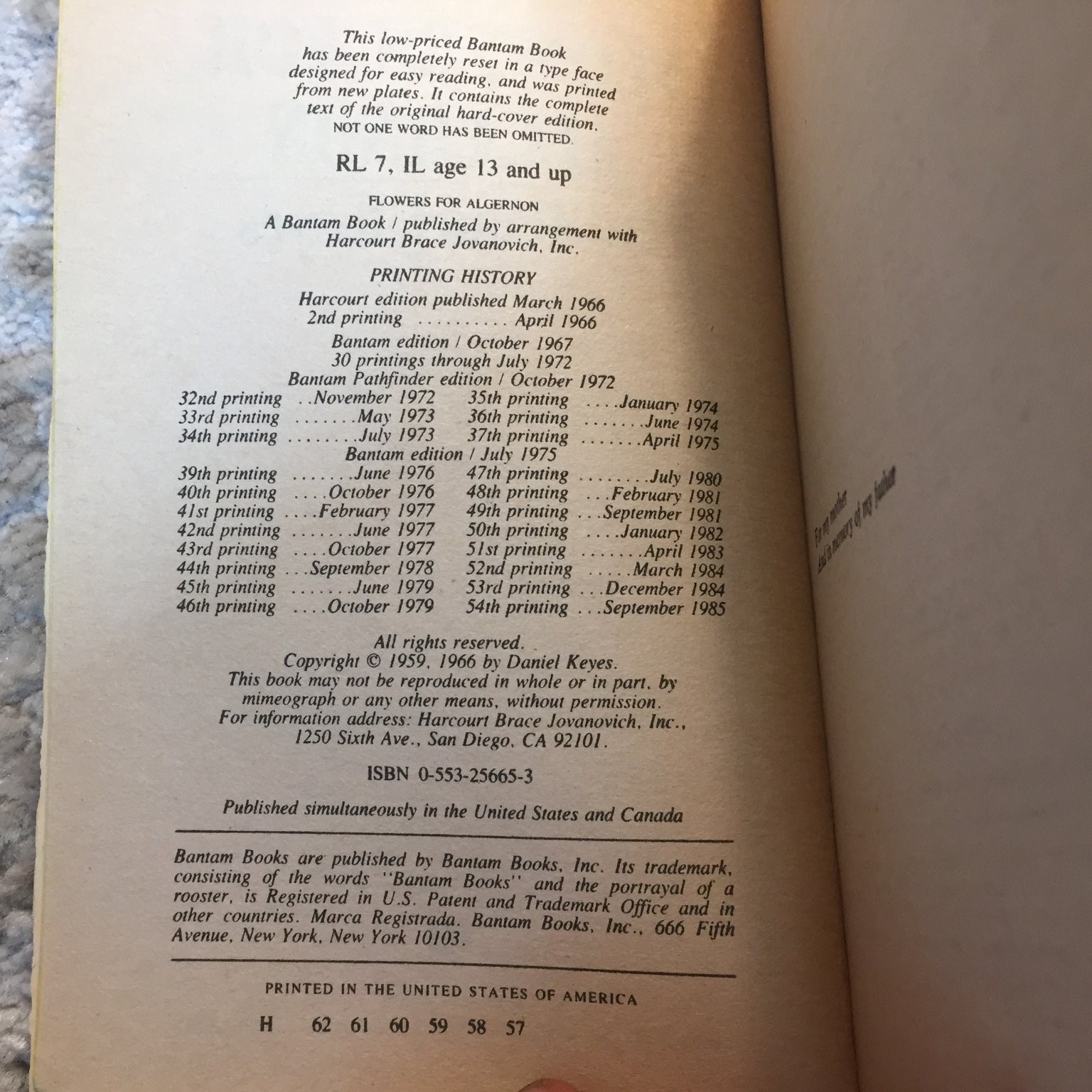 Flowers for Algernon Daniel Keyes 1967 Bantam Edition Science Fiction Psychology