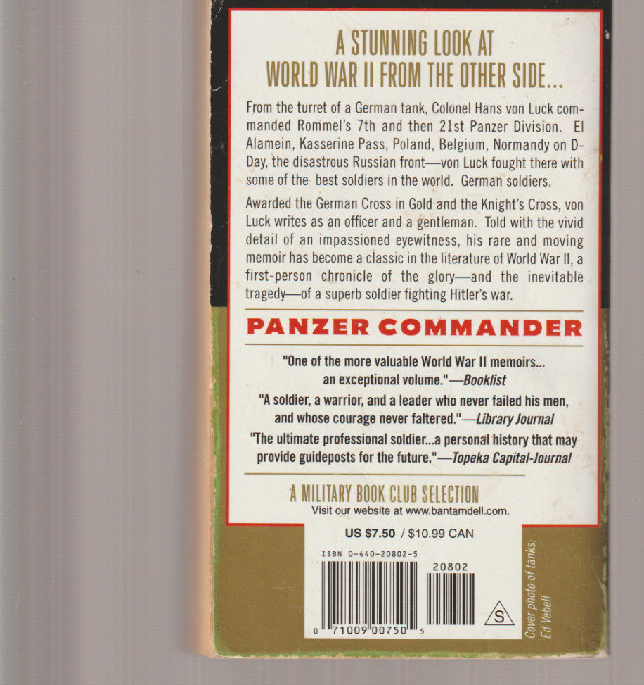 Panzer Commander 1991 20th Dell World War II Library Hans Von Luck Memoirs WWII