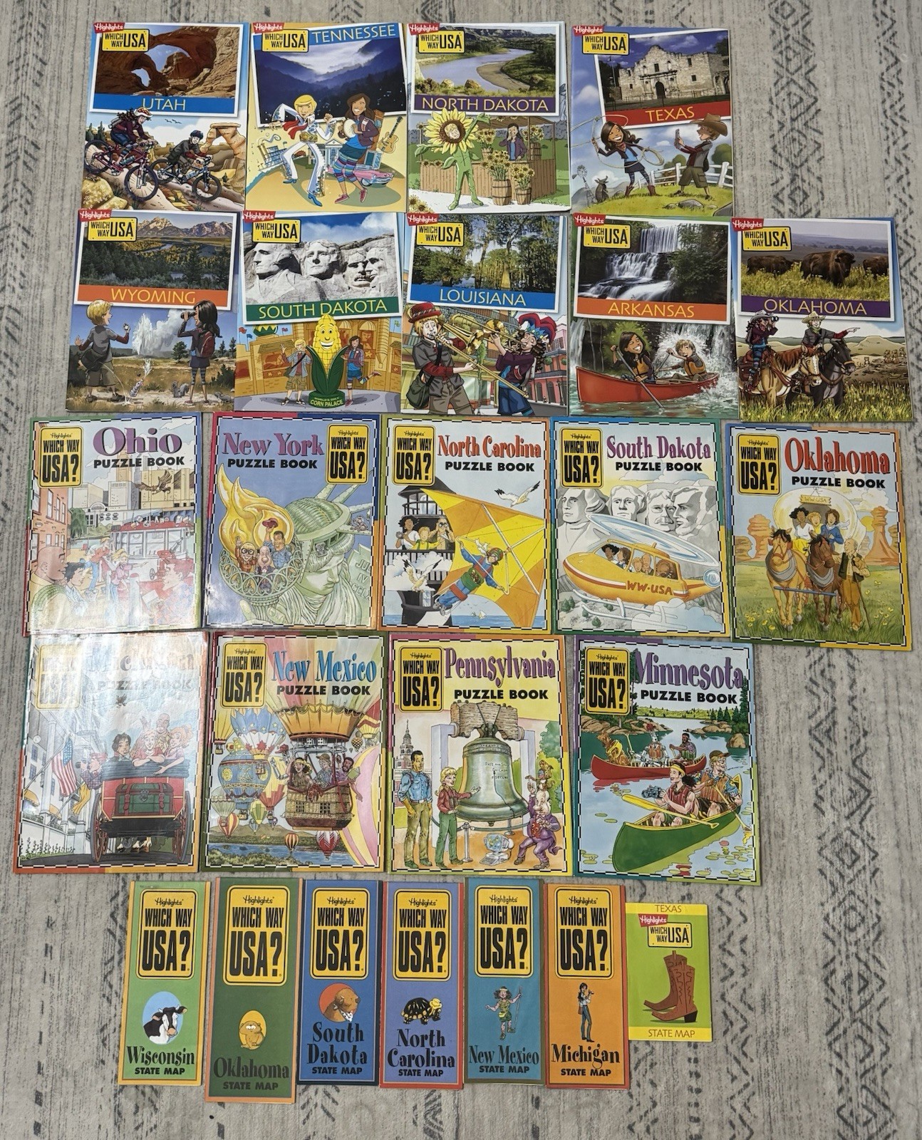 Highlights Which Way USA? Lot of 18 Magazines & Puzzle Books & 7 State Maps