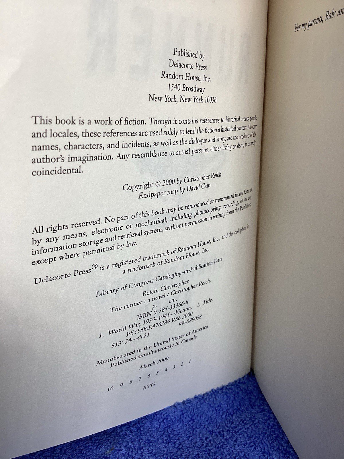 The Runner Christopher Reich Published By DeLacorte Press 2000. 440 Pages.