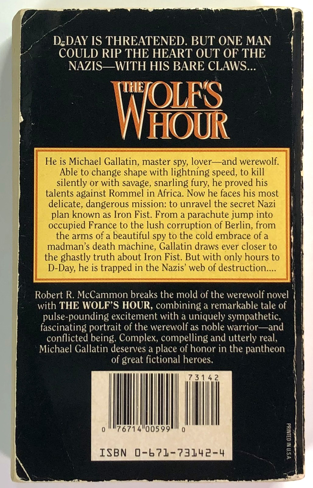 THE WOLF’S HOUR Robert McCammon (1989) POCKET 1st Edition Rowena Morrill Vtg PB