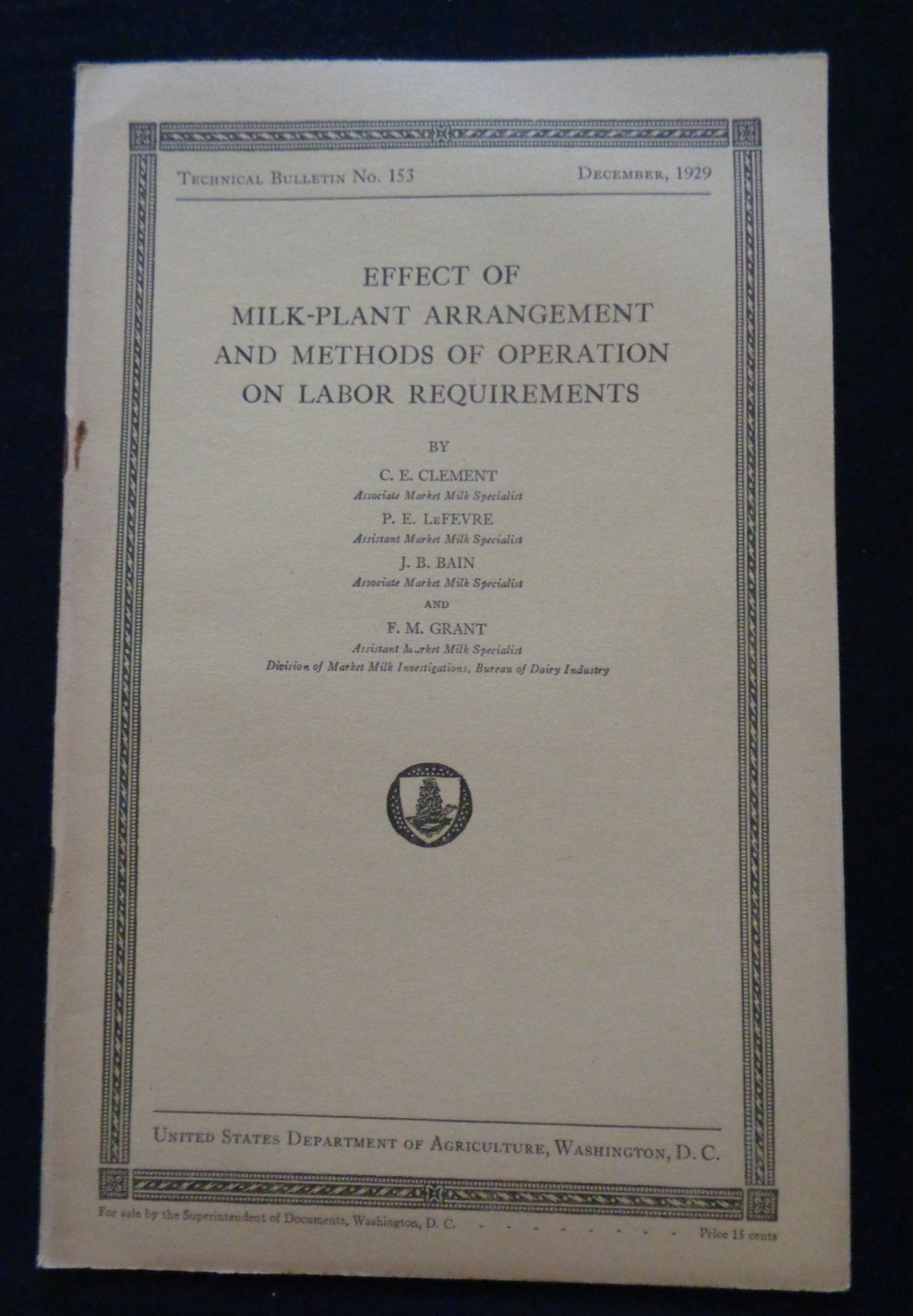 1929 Effect of Milk Plant Arrangement US Dept Of Agriculture Methods of Op Labor