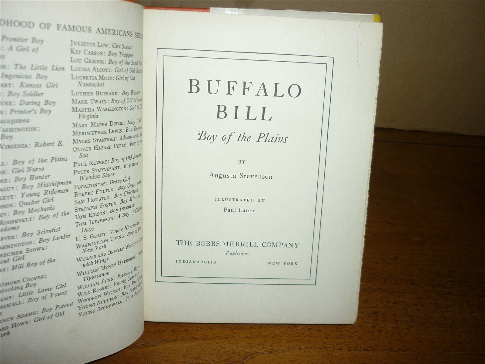 Augusta Stevenson. Buffalo Bill. Boy of Plains. 1948. Fine in good jacket.