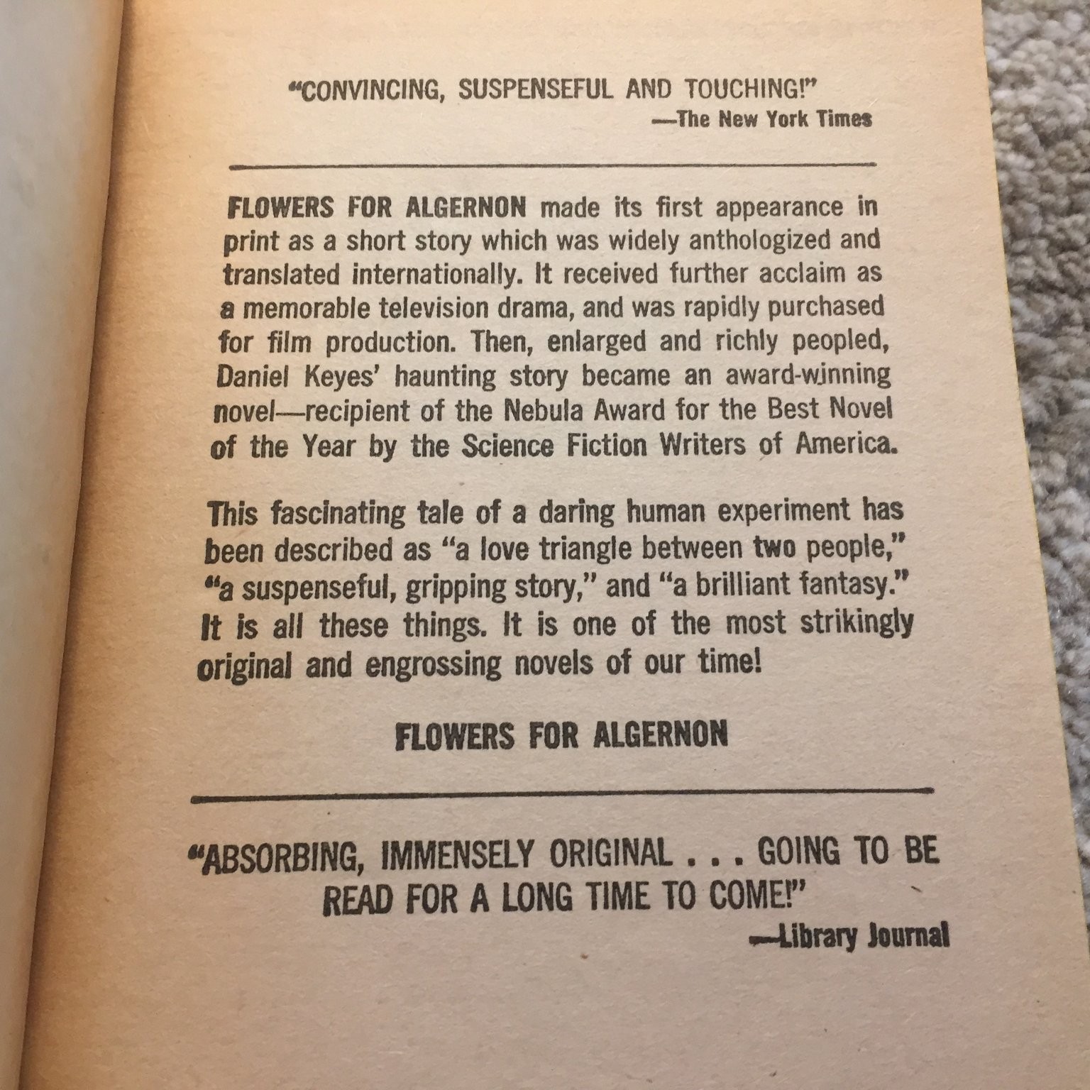 Flowers for Algernon Daniel Keyes 1967 Bantam Edition Science Fiction Psychology