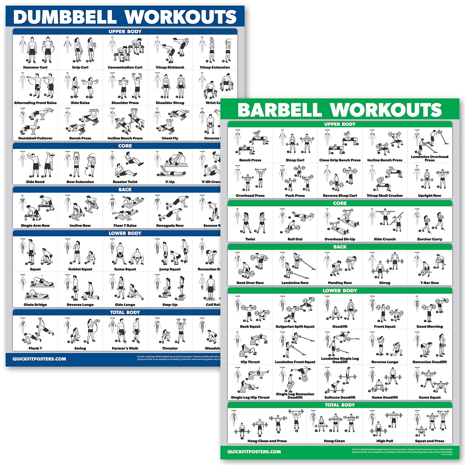 Dumbbell Workouts and Barbell Exercise Poster Set – Laminated 2 Chart Set – Dumb