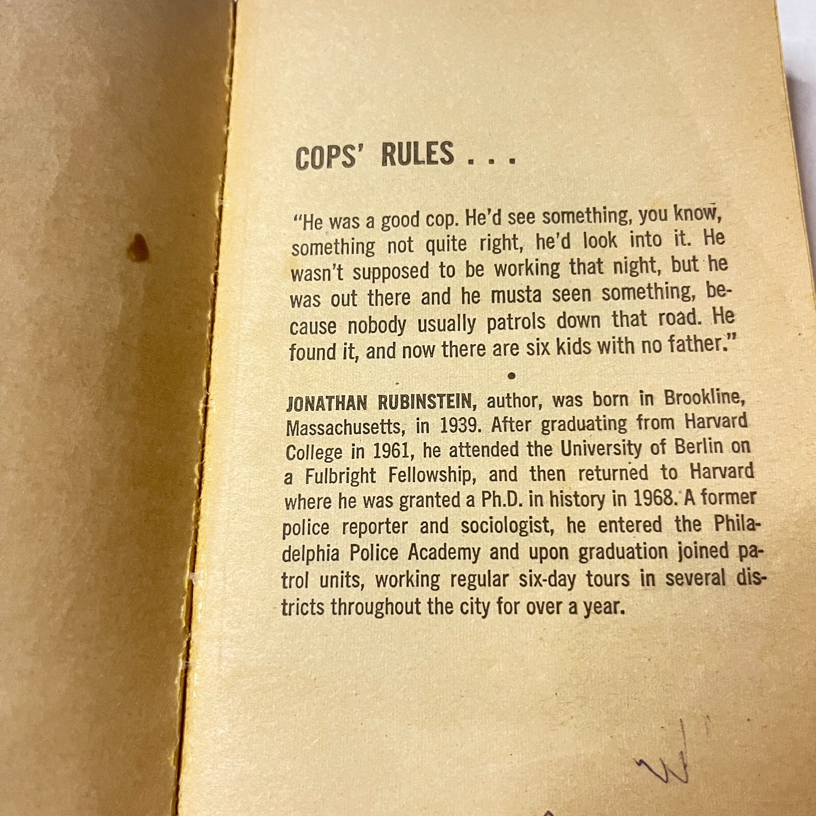 CITY POLICE by Jonathan Rubinstein – 1st Printing Ballantine Books May 1974