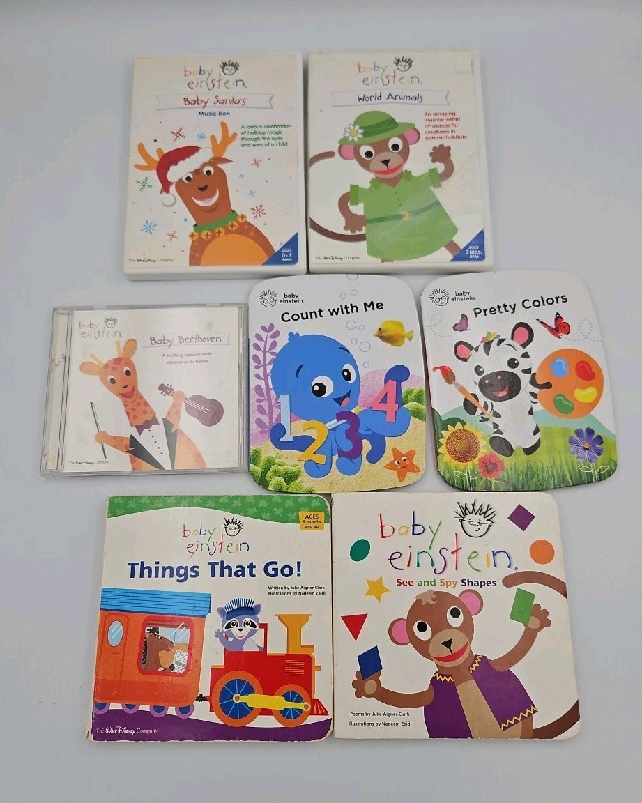 Lot of 7 Baby Einstein DVDs Board Books and CD: World Animals Baby Santa Music