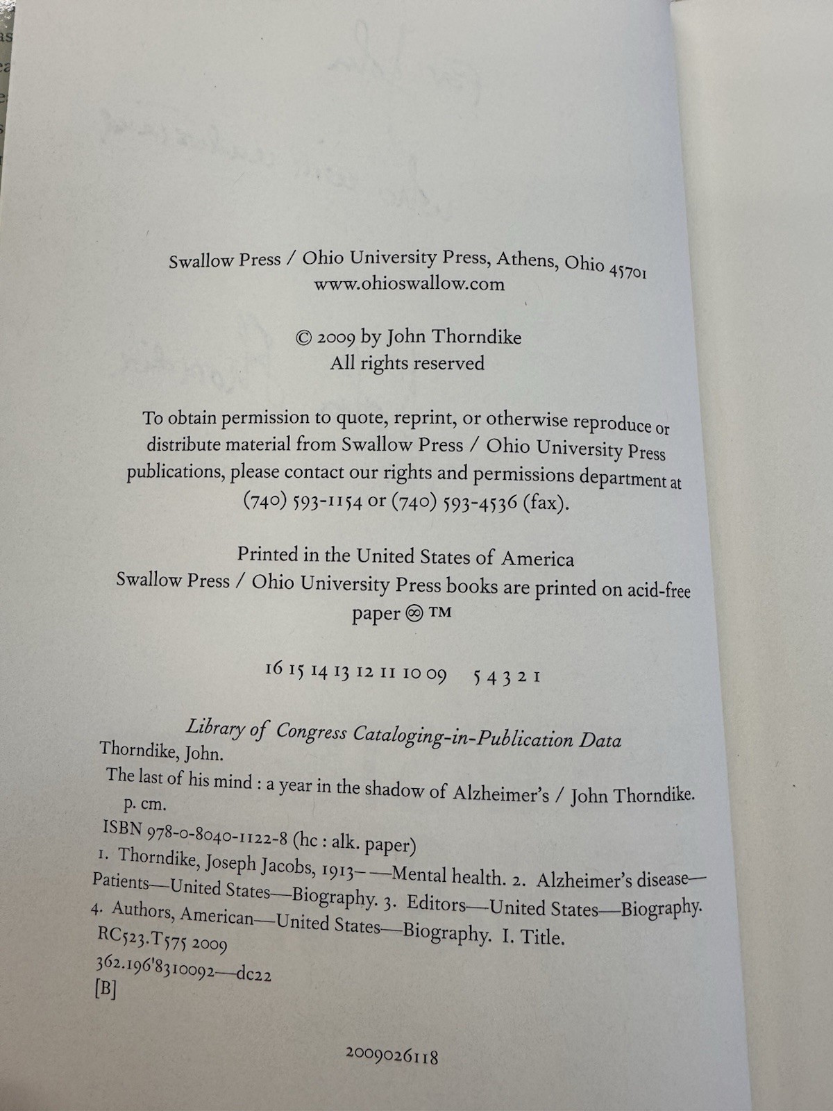 Signed The Last of His Mind John Thorndike HC 2009 Alzheimer Memoir