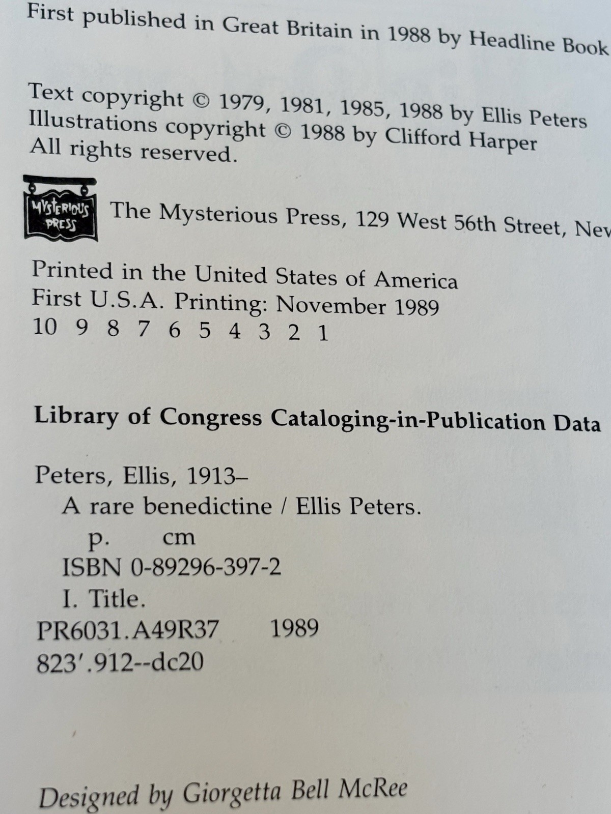 Ellis Peters A Rare Benedictine Mysterious HB DJ 1989 1st Ed NEW