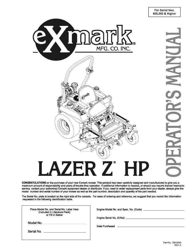 eXmark Lazer Z HP Operators Manual & Part List Diagrams Schematics LHP23KA505