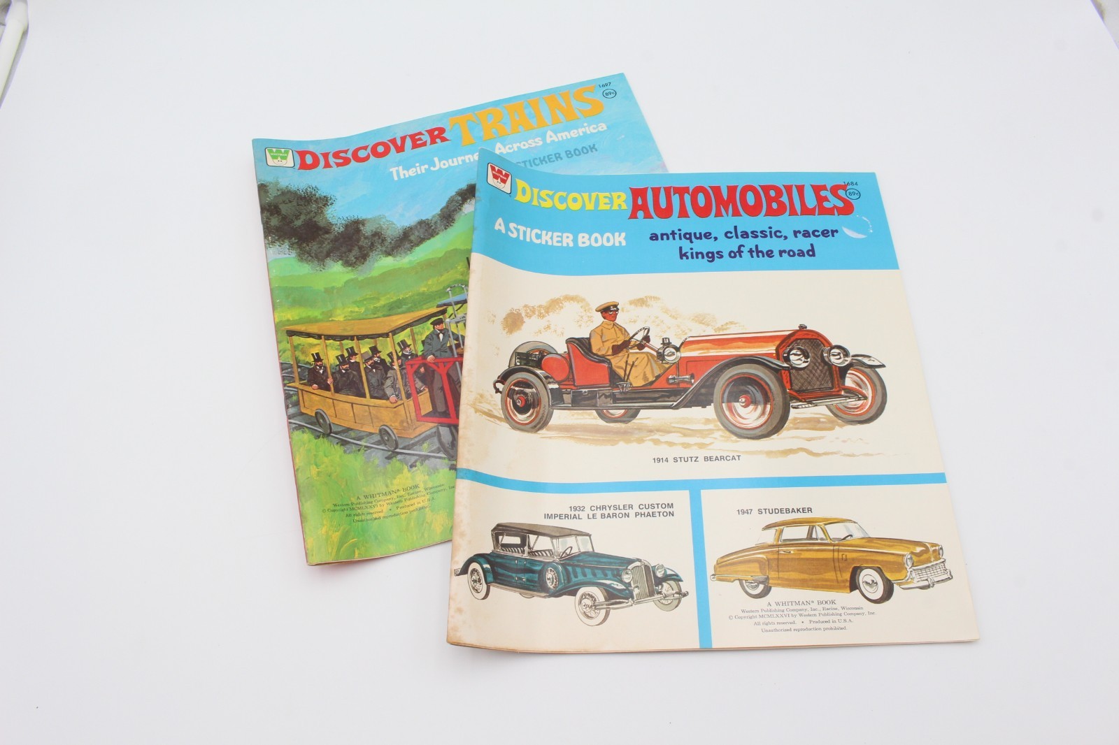 2 Vintage Whitman Sticker Books Discover Trains Automobiles Unused