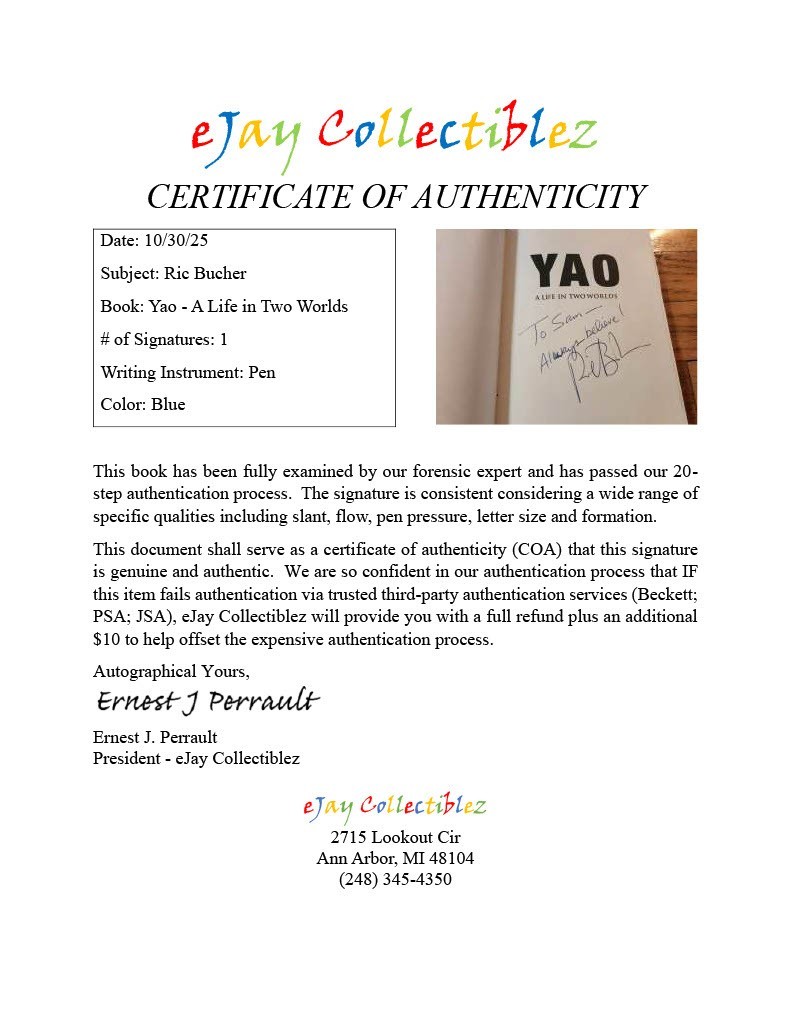 Ric Bucher SIGNED Yao A Life in Two Worlds Yao Ming NBA 2004 First Edition COA
