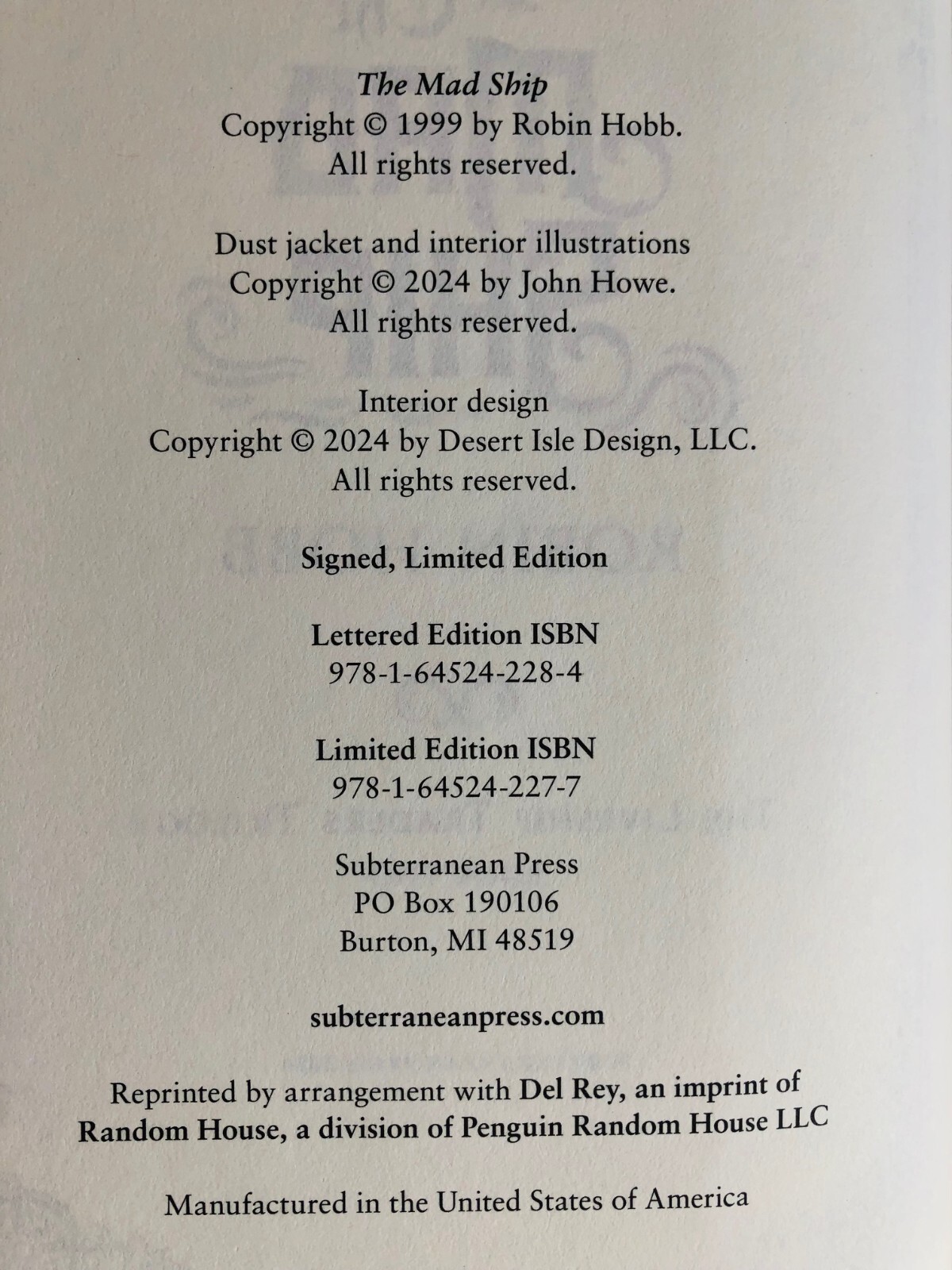 SIGNED The Mad Ship (Liveship Traders #2) by Robin Hobb SUBTERRANEAN PRESS