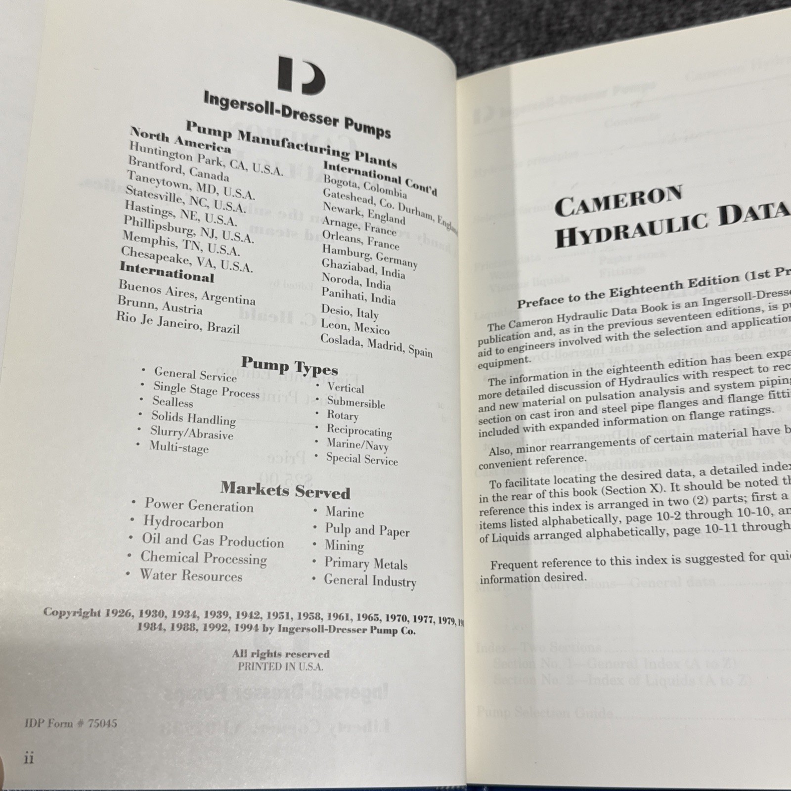 Cameron Hydraulic Data (18th Edition) 1st Printing Ingersoll Dresser Pumps