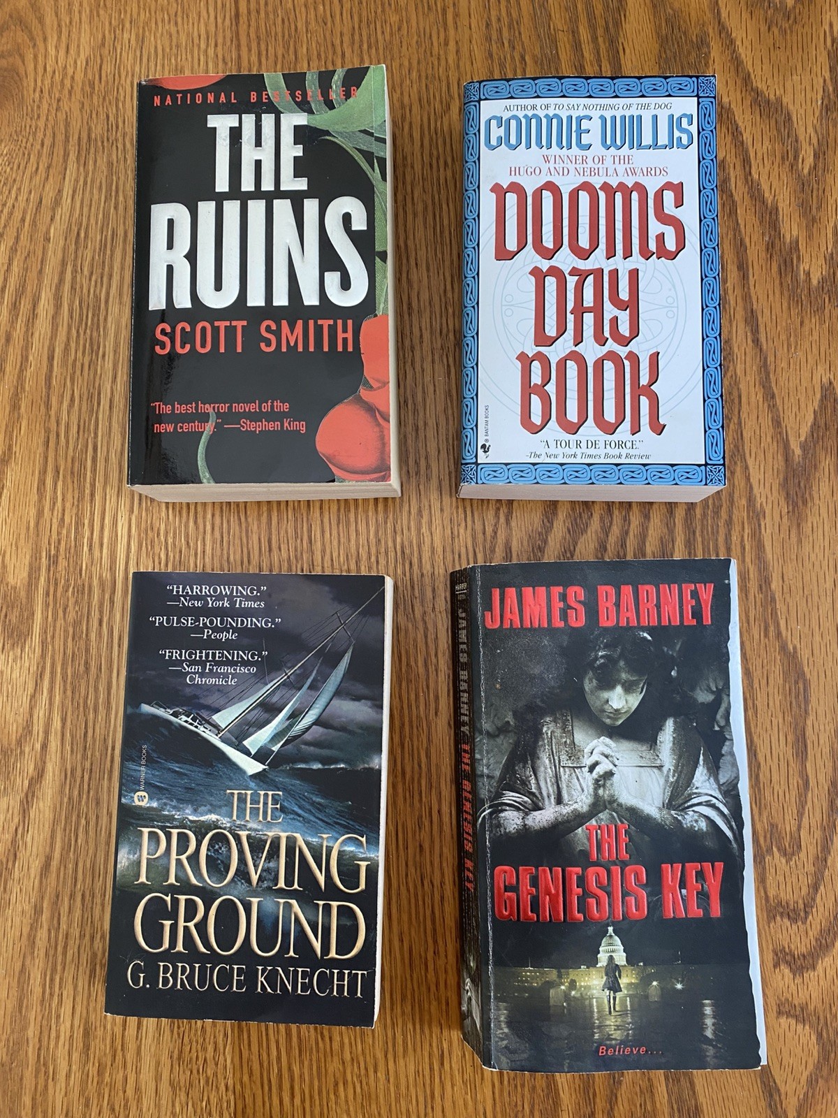 Mixed paperback 4 lot: Ruins Scott Smith, Genesis Key, Connie Willis, Knecht