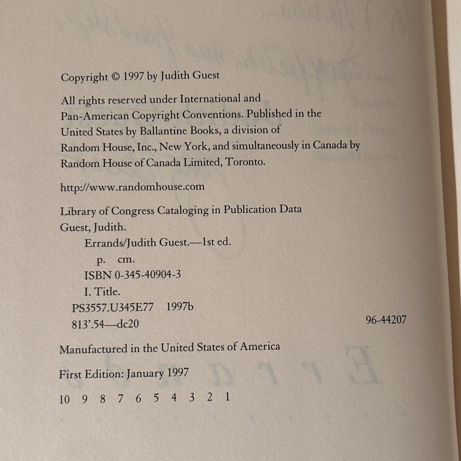 ERRANDS / Judith Guest / Signed 1st Ed. / Ordinary People / LIKE NEW