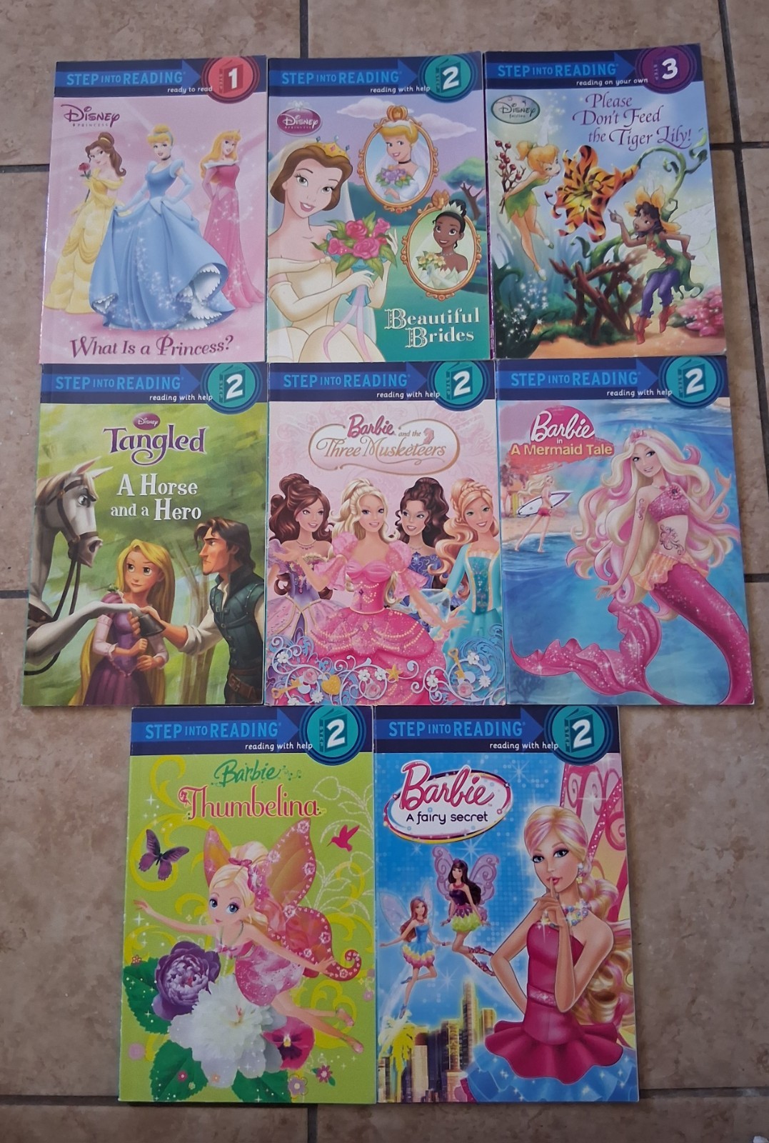 Lot/Set of 8 Girl Readers Disney Barbie I Can Read Step Into Reading PB Books