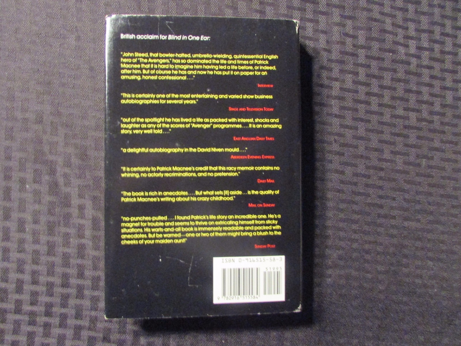 1989 BLIND IN ONE EAR by Patrick Macnee 1st US Mercury House HC/DJ VF+/FVF