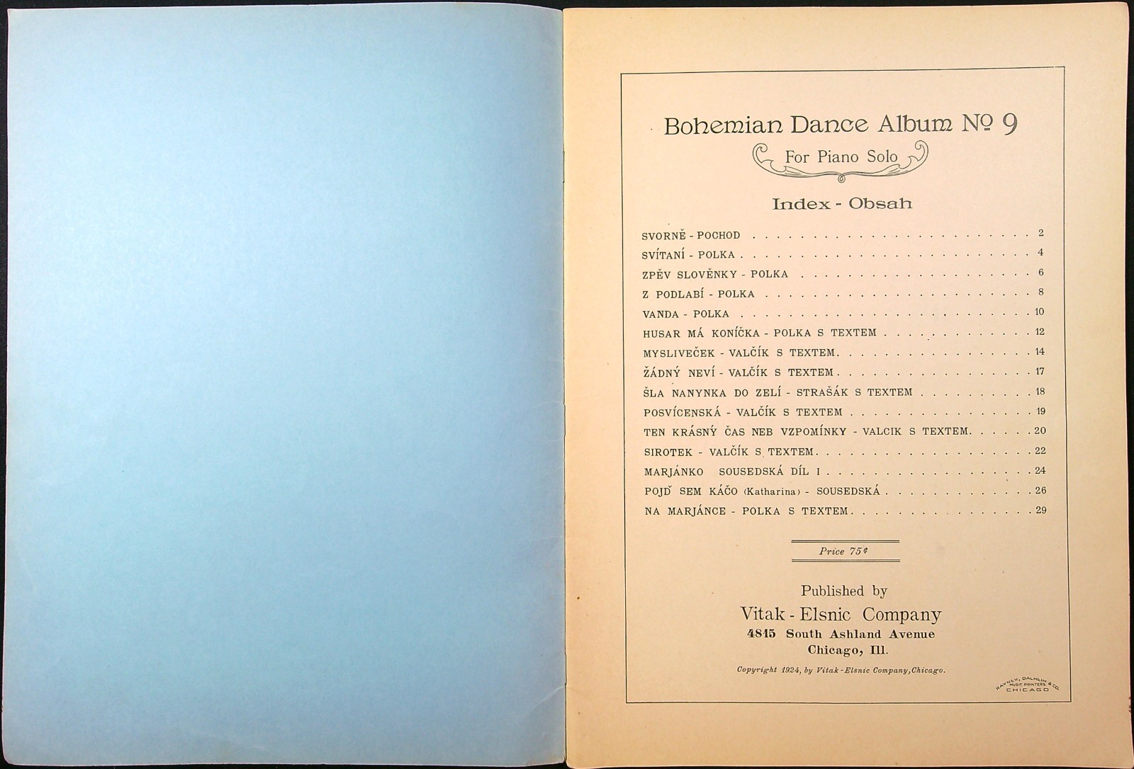 Vintage 1923 Bohemian Dance Album No 9 Czech Music Book Vitak-Elsnic 1040a