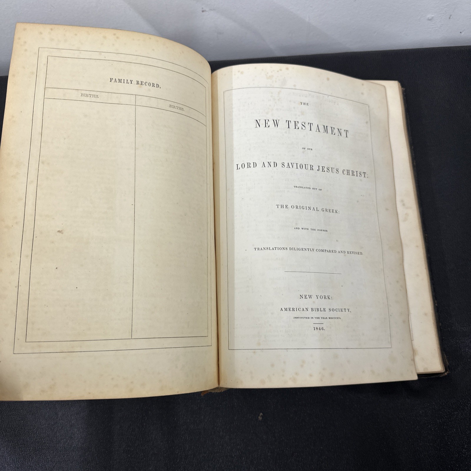 Rare 1800s BIBLE NEW YORK AMERICAN BIBLE SOCIETY 1846 Black Leather Vintage