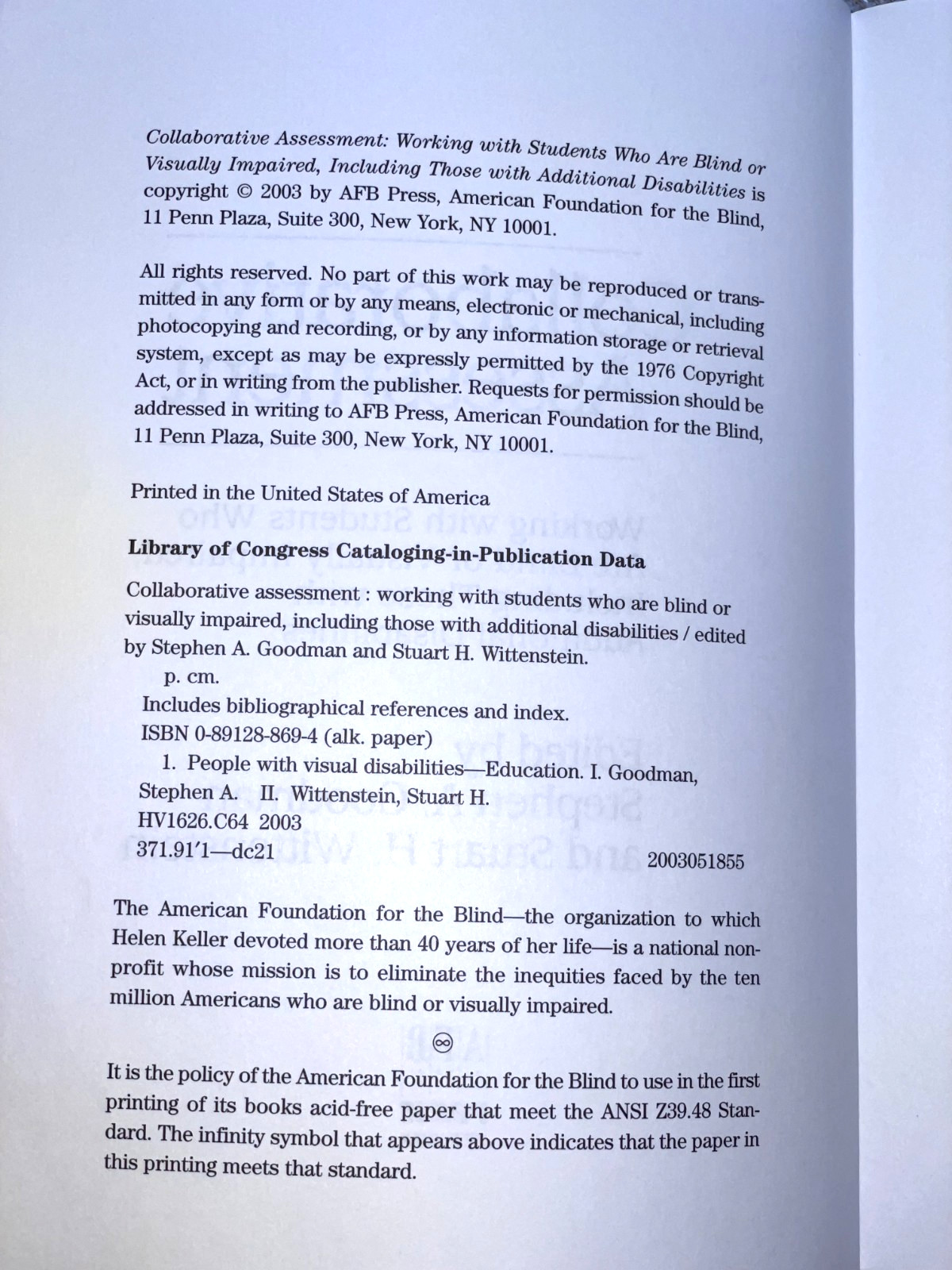 Collaborative Assessment: Working with Students Who Are Blind (Paperback, 2003)
