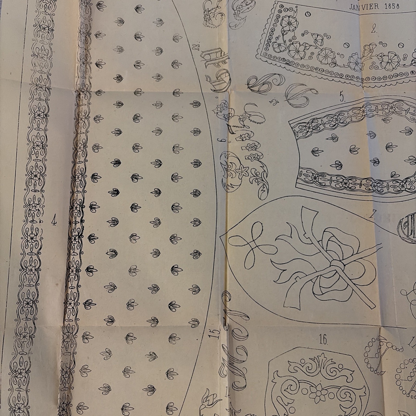 Rare Antique French Embroidery Pattern Sheet – Cendrillon Journal (January 1858)